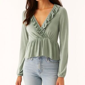 Peach Love California Ruffled Front Blouse Top Green M
